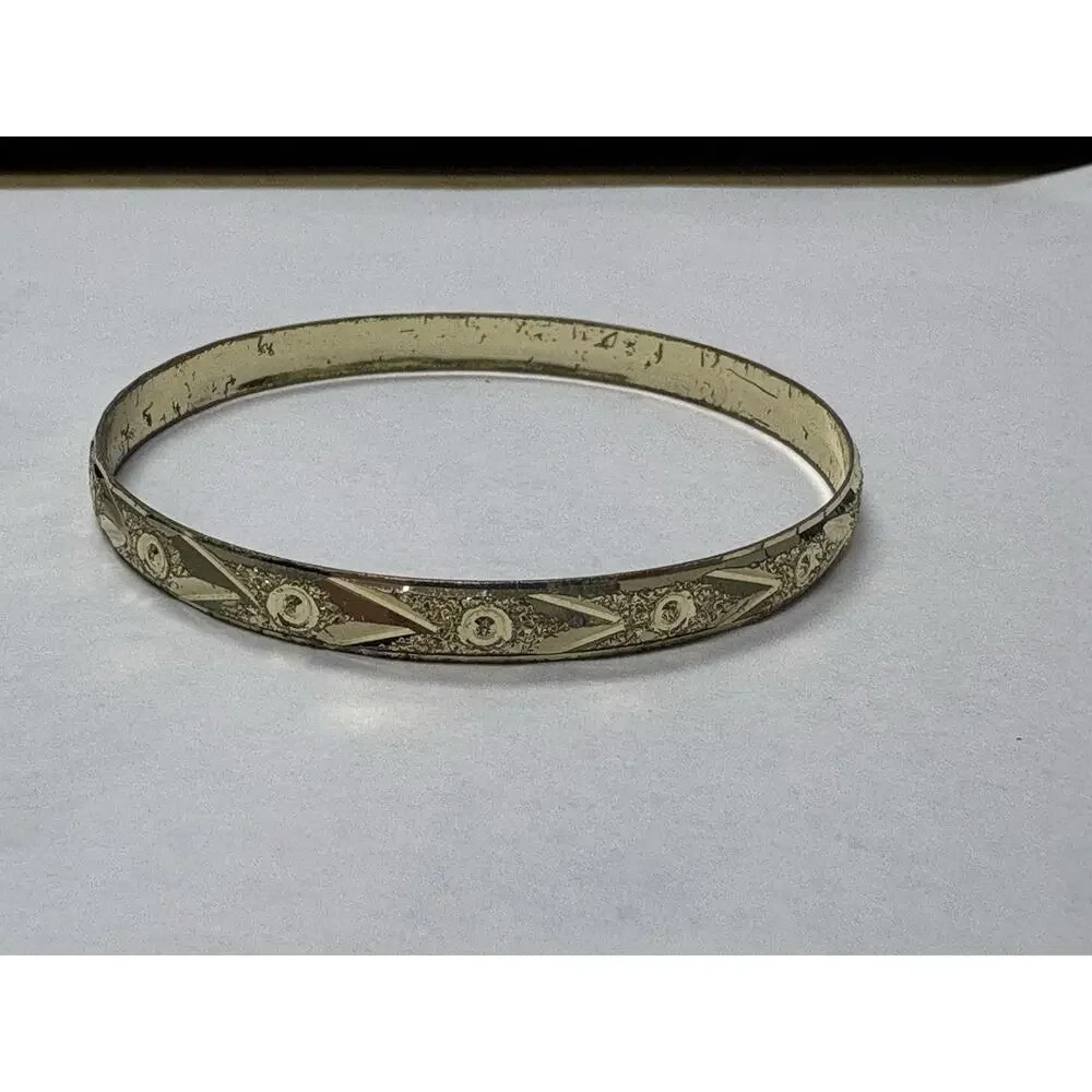 Vintage Gold Tone Etched Bangle Bracelet 2.59” Diameter Geometric Pattern